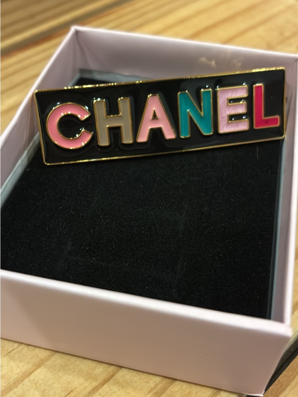 one 

Vintage Chanel Multicolor Logo Hair Barrette – Gold Tone